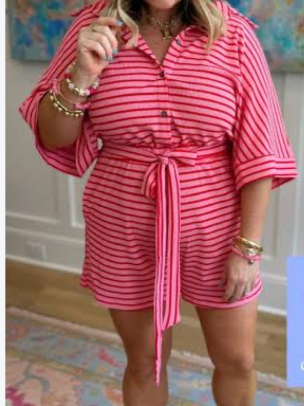 entro Pink and Red Striped Romper with Tie Waist- SO comfy & effortless CUTE - M